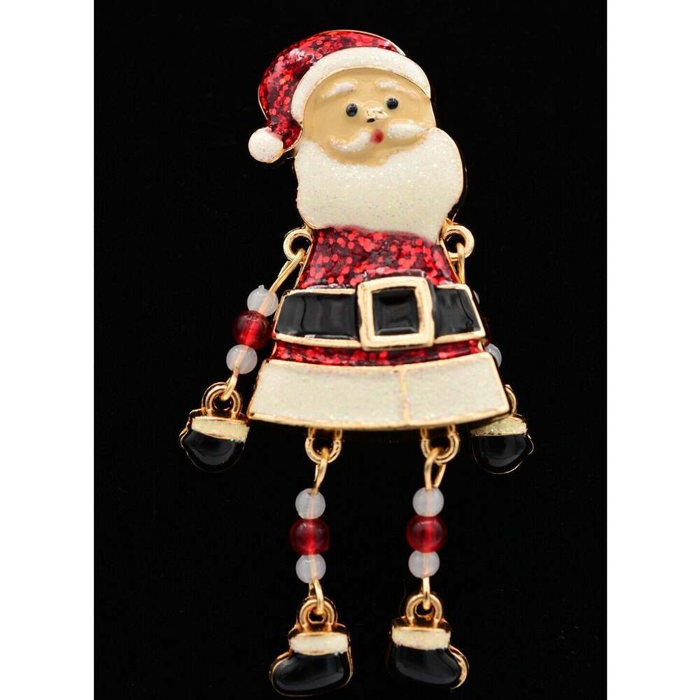 Santa Claus Christmas Pin Brooch Glitter Enamel Dangle Arms Legs Holiday BinBA